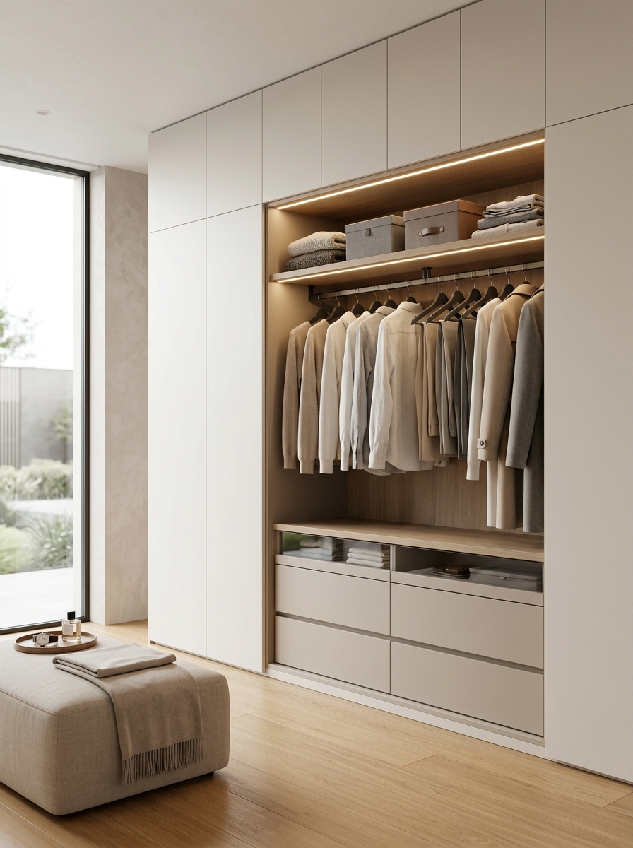 Minimalist Closet with Hidden Storage & Seamless Design