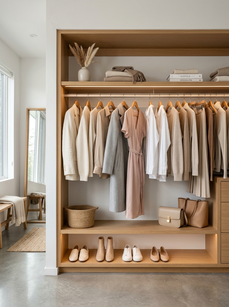 Minimal Closet with Boutique Capsule Wardrobe Display