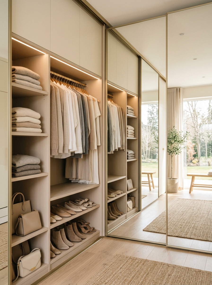 Soft Neutrals Luxury Closet with Mirror Expansion Effect