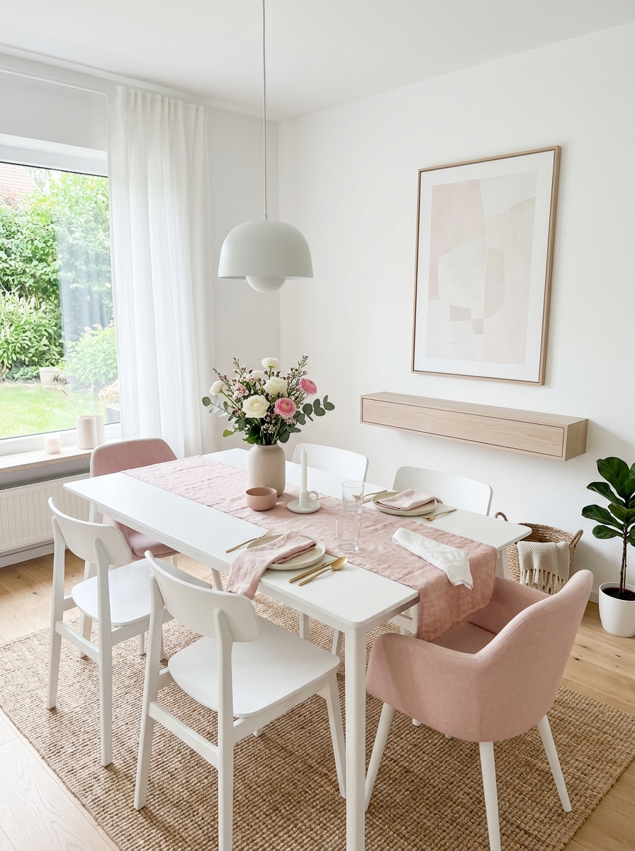 Minimalist White Dining Space with Soft Pink Accents
