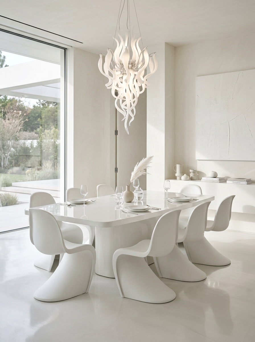 All-White Sculptural Minimal Dining Space