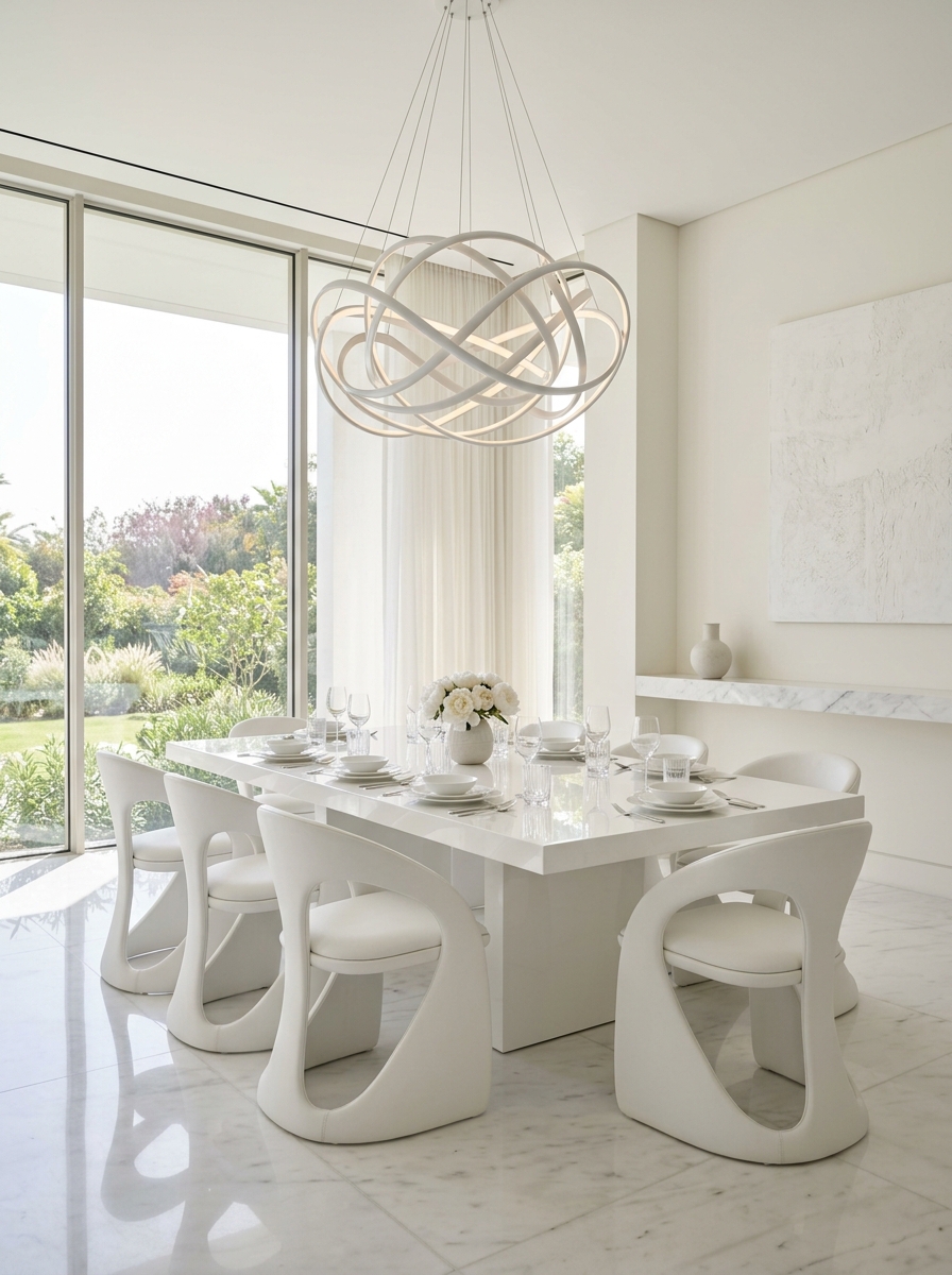 All-White Sculptural Minimal Dining Space