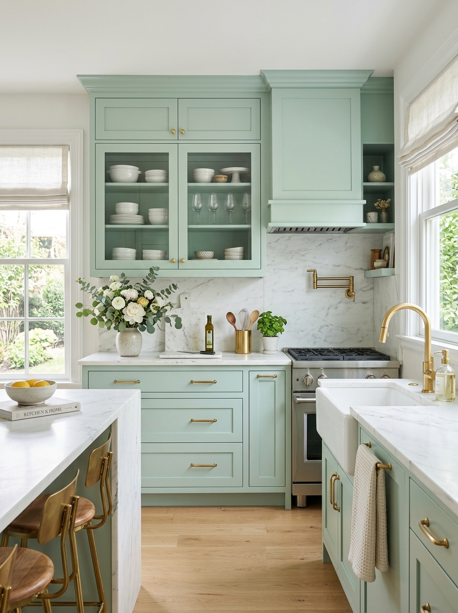 Mint Green Cabinets with White Marble Elegance