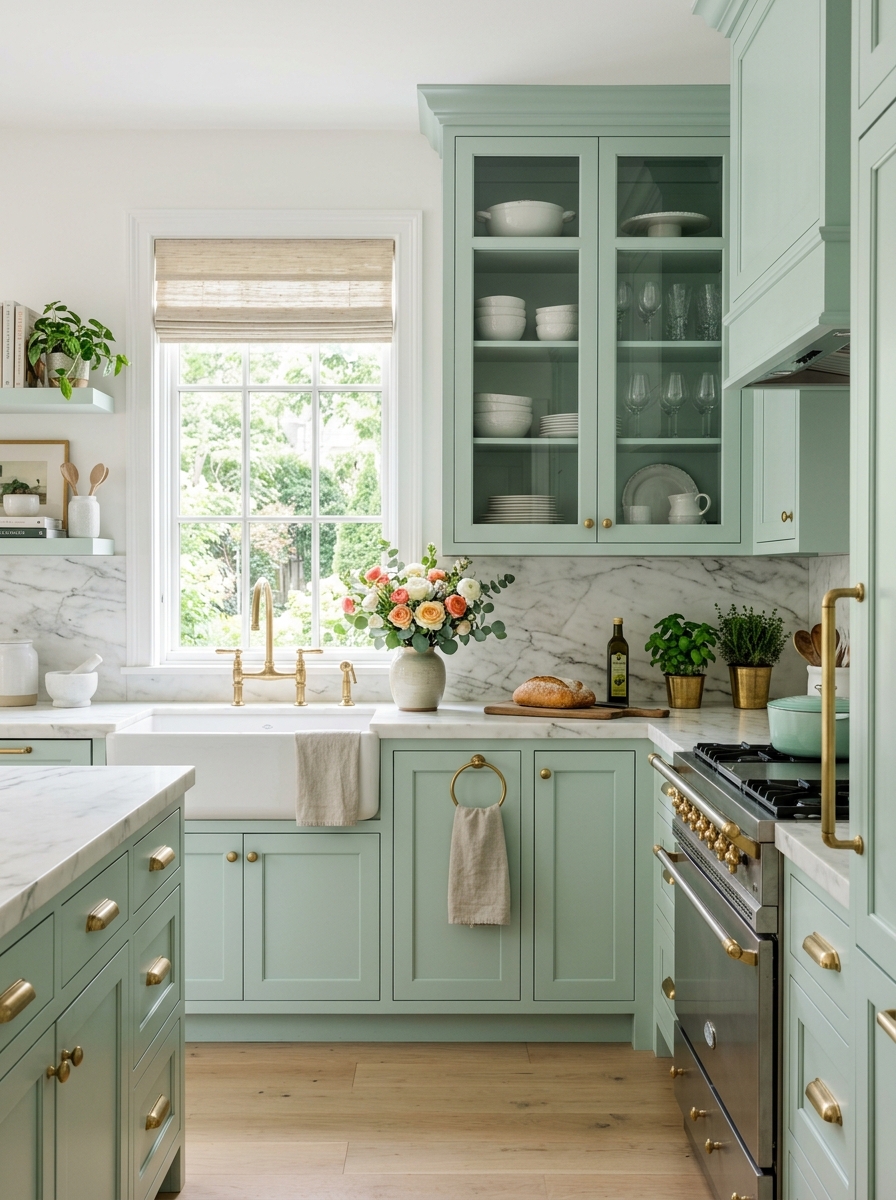 Mint Green Cabinets with White Marble Elegance