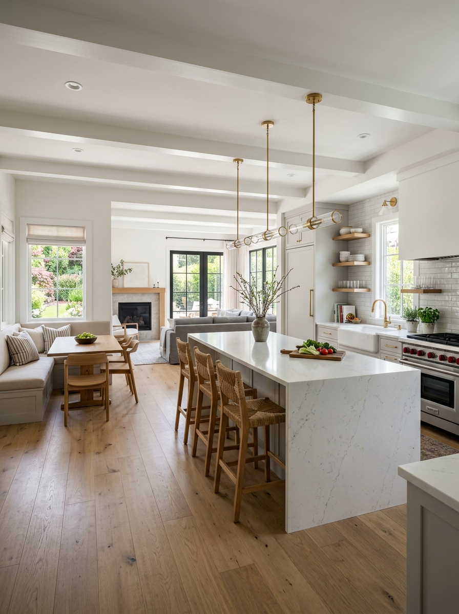 Open Concept Kitchen with Island + Bench Combo Seating