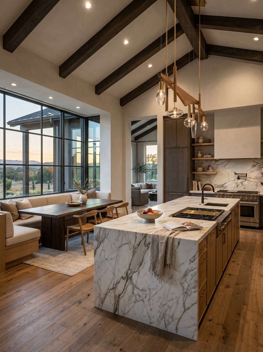 Ultra-Luxury Modern Farmhouse Kitchen with Statement Bench Island Combo