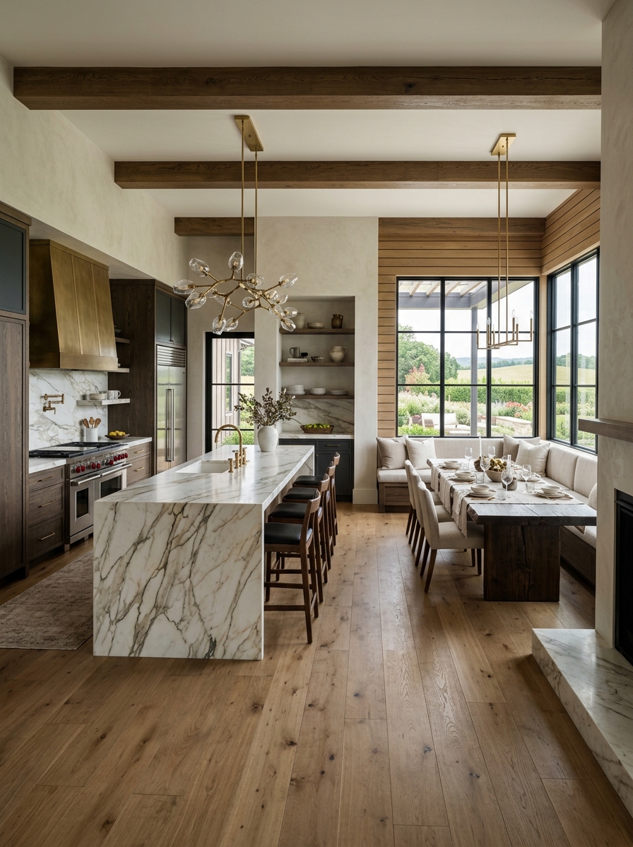 Ultra-Luxury Modern Farmhouse Kitchen with Statement Bench Island Combo