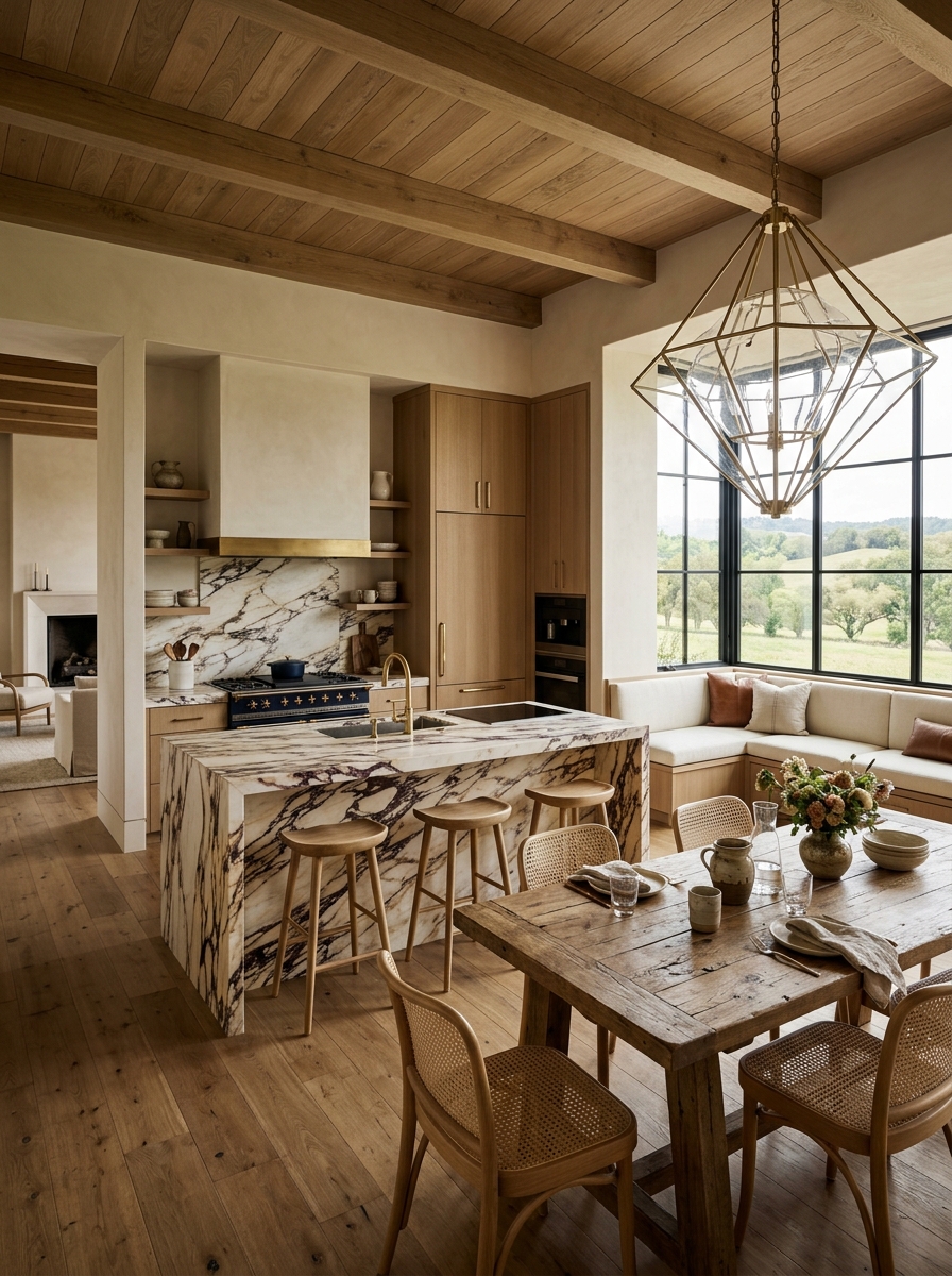 Ultra-Luxury Modern Farmhouse Kitchen with Statement Bench Island Combo