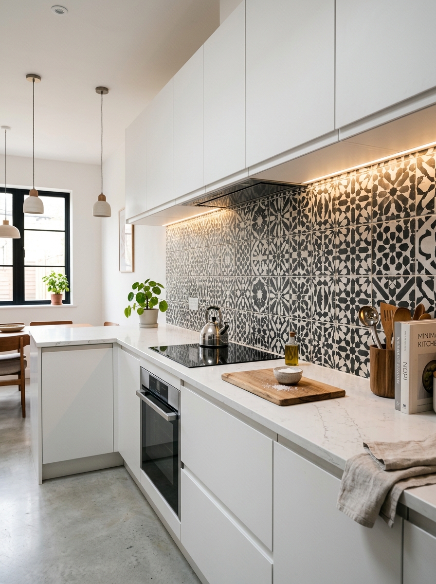 Monochrome Kitchen with Patterned Black and White Backsplash