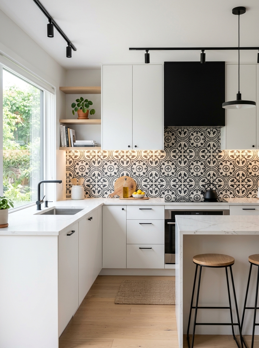 Monochrome Kitchen with Patterned Black and White Backsplash