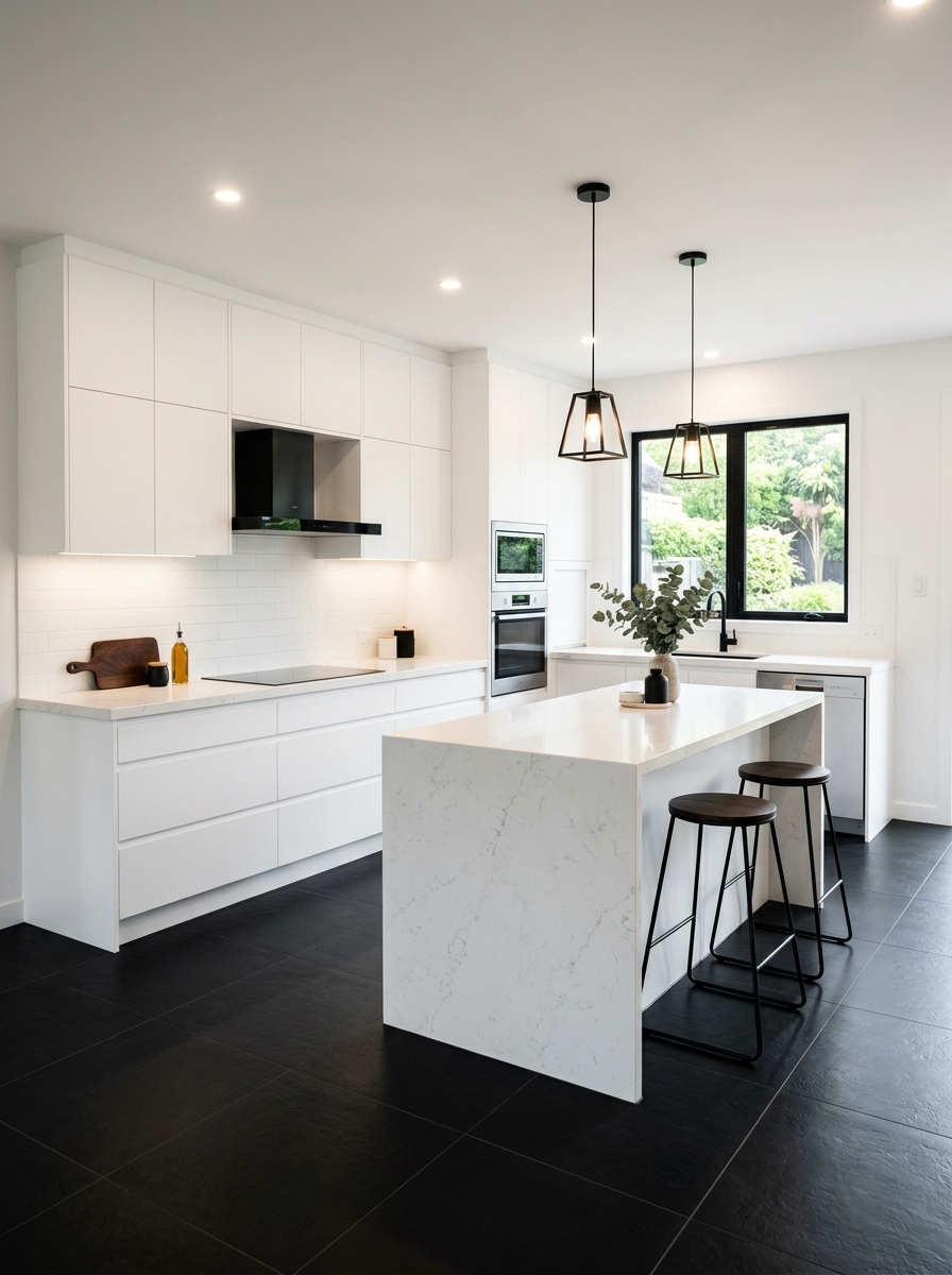 Monochrome Kitchen with Bold Black Flooring