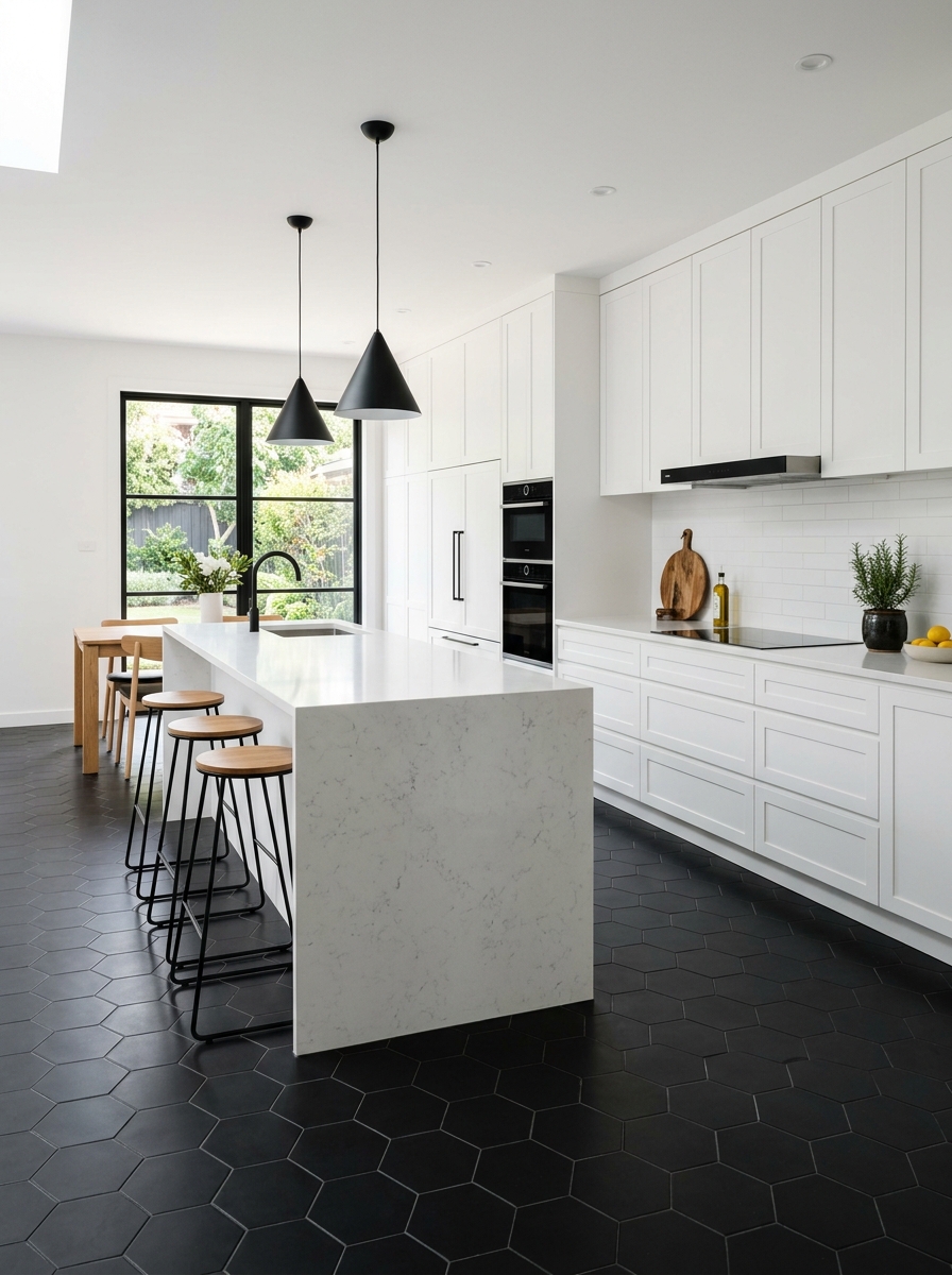 Monochrome Kitchen with Bold Black Flooring