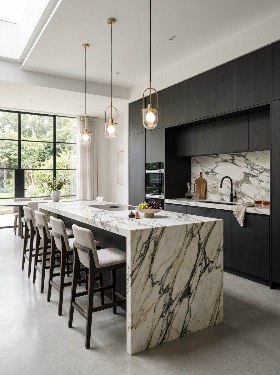 Sleek Cabinets with Waterfall Island Centerpiece