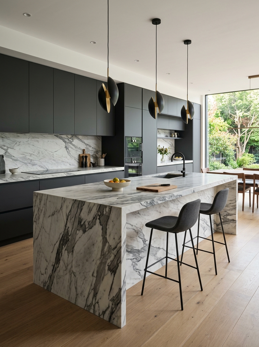 Sleek Cabinets with Waterfall Island Centerpiece