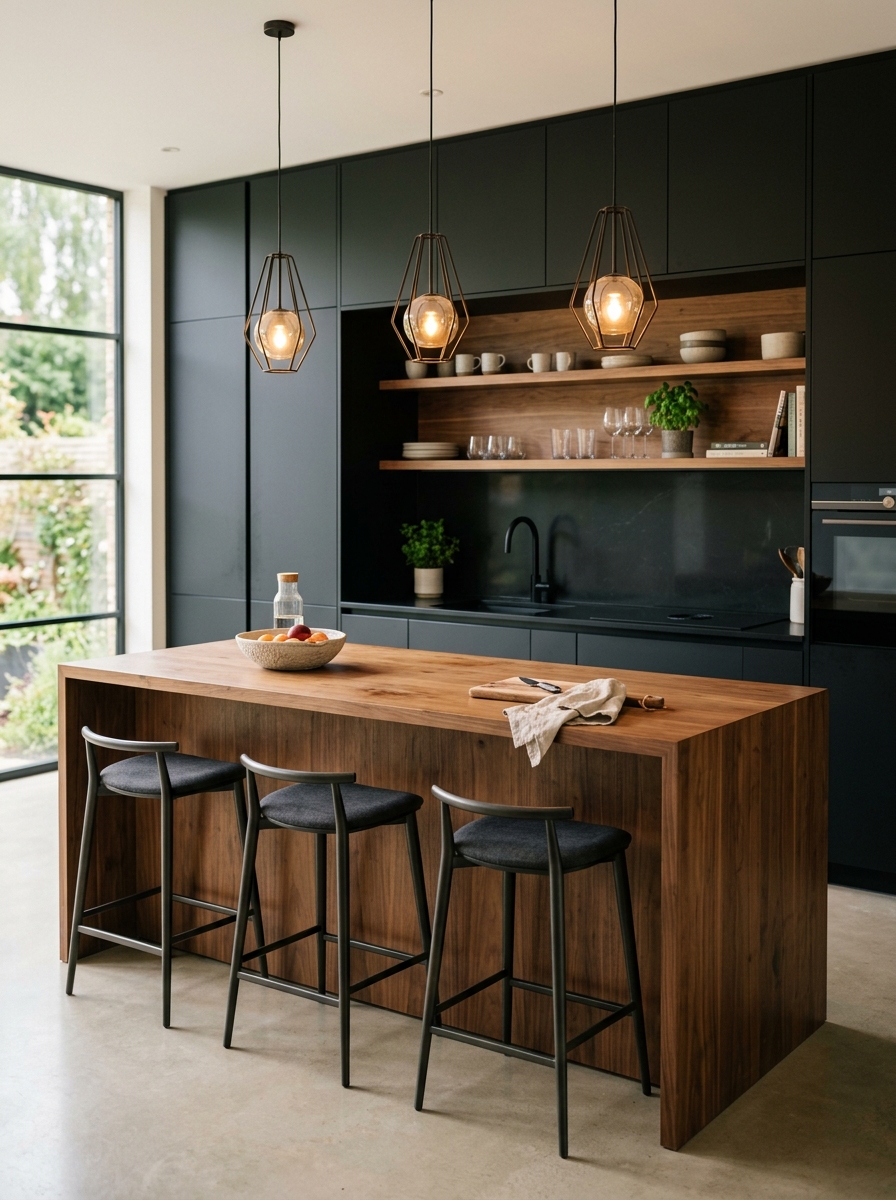Matte Black Cabinets with Warm Wood Contrast