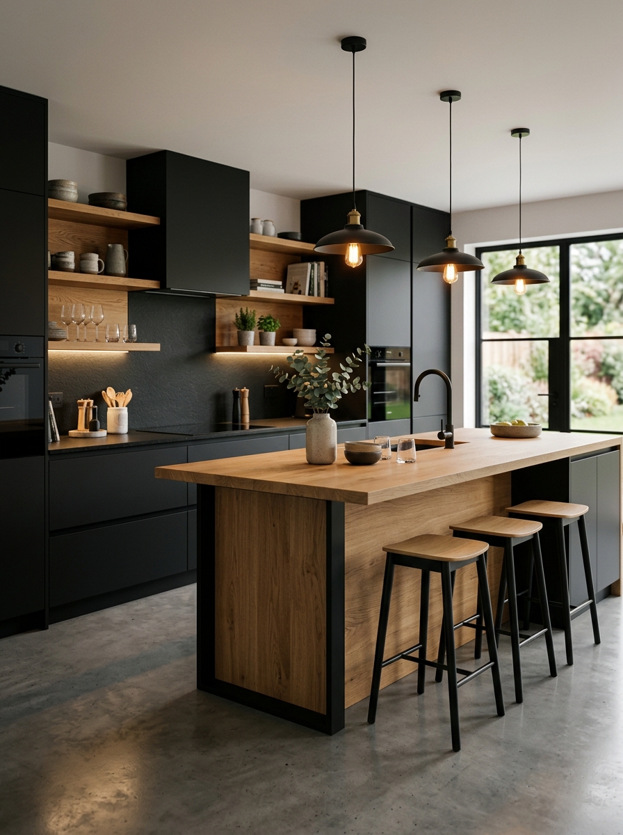 Matte Black Cabinets with Warm Wood Contrast