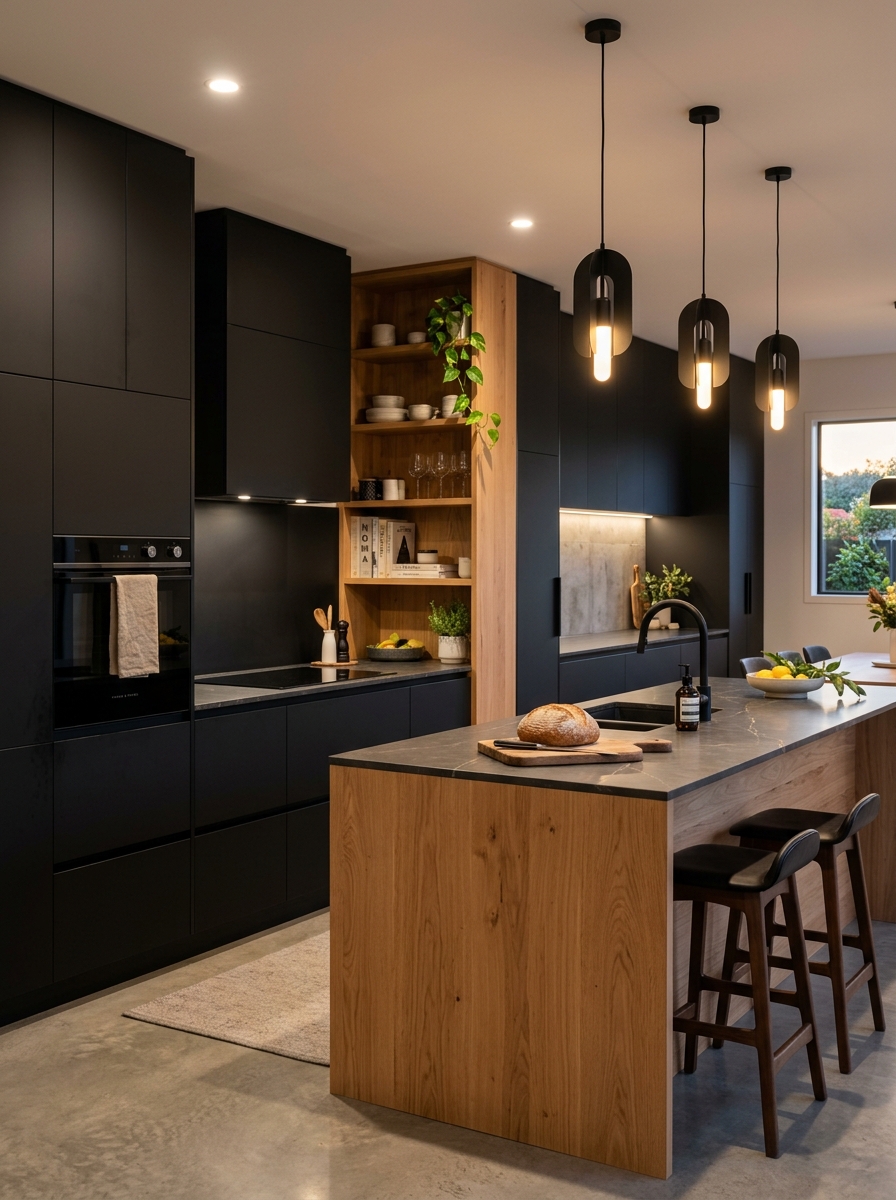 Matte Black Cabinets with Warm Wood Contrast