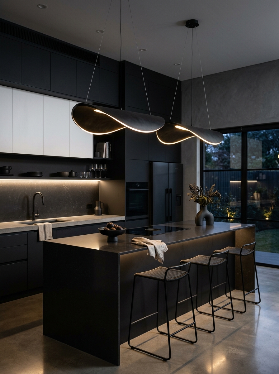 Black and White Kitchen with Statement Lighting