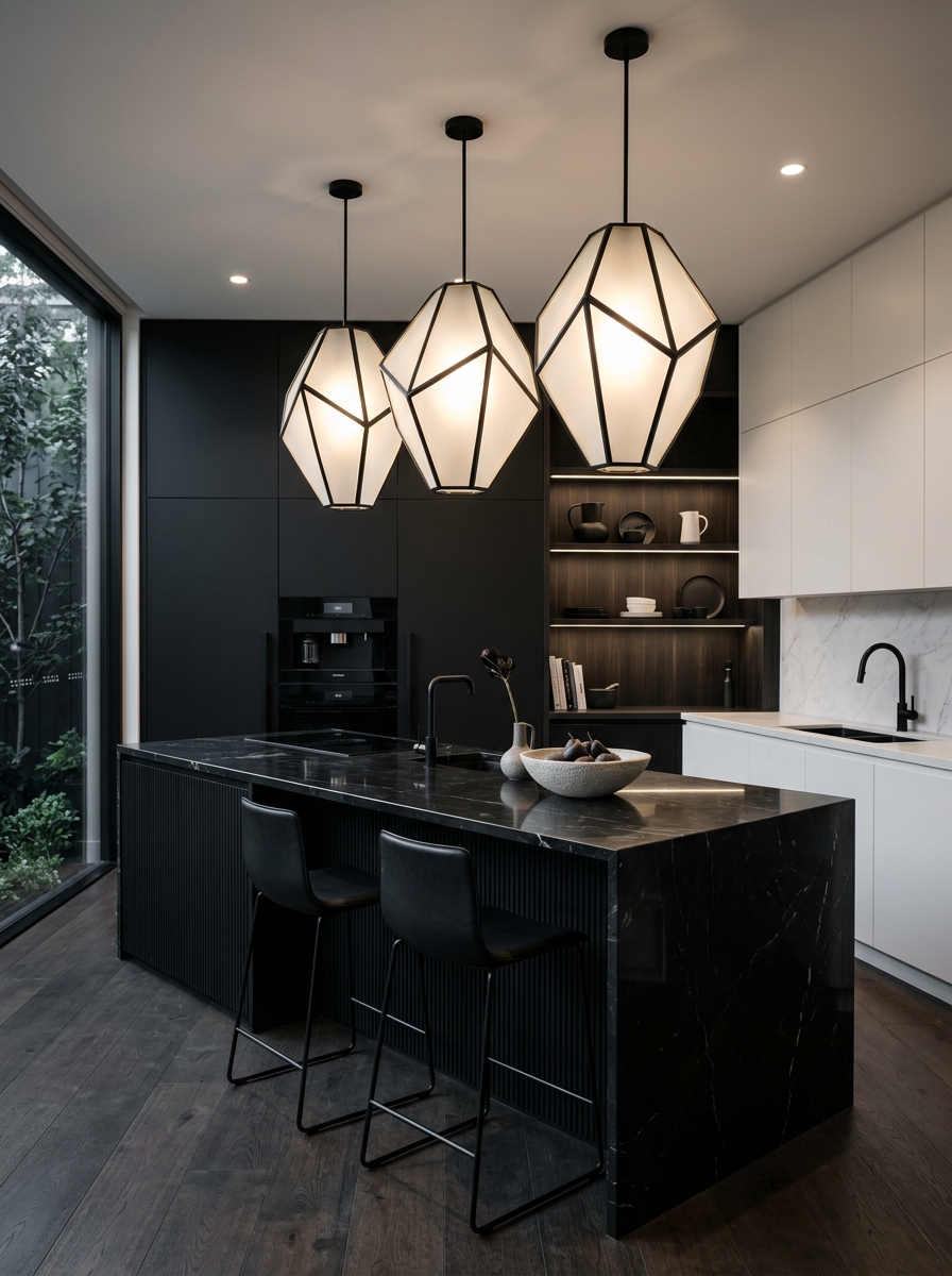 Black and White Kitchen with Statement Lighting