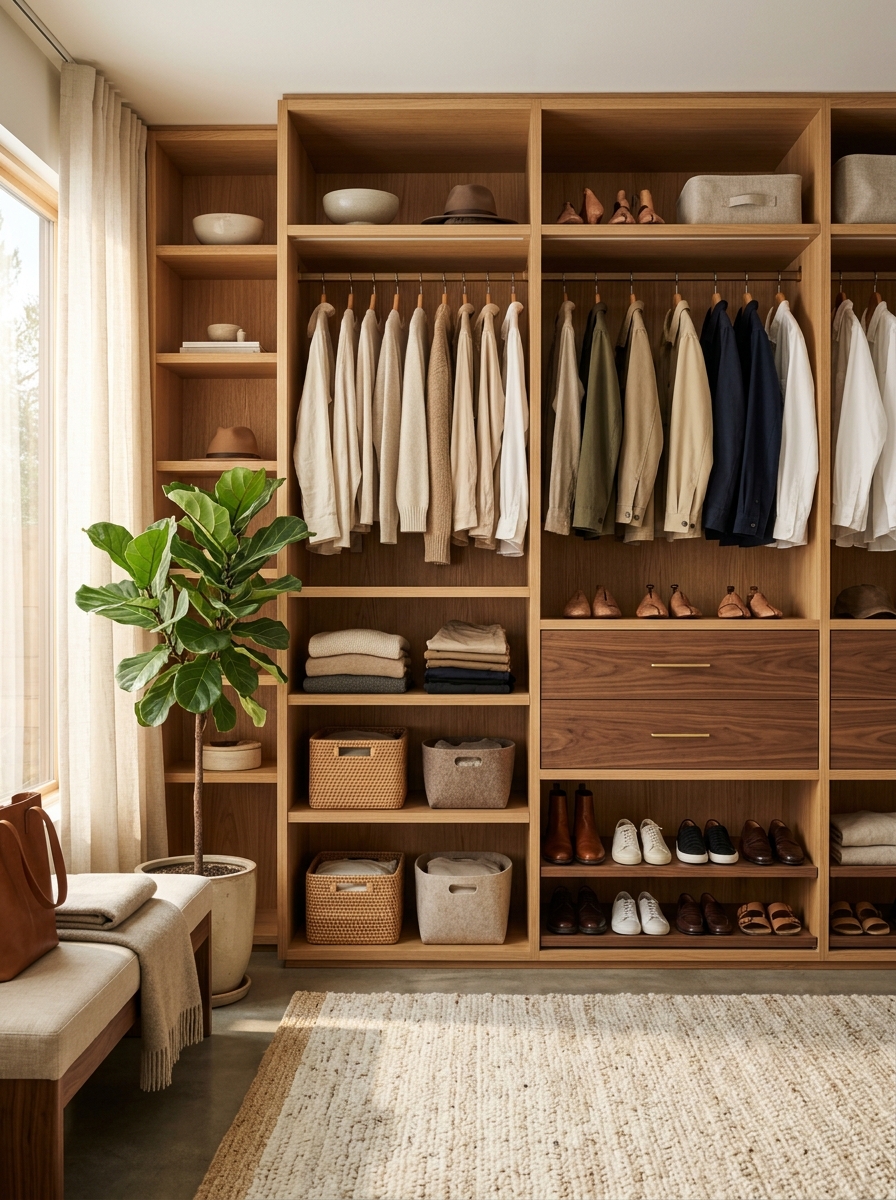 Minimal Wood-Toned Closet With Warm Organic Feel