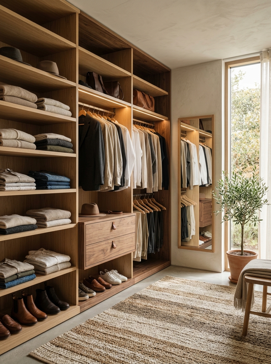 Minimal Wood-Toned Closet With Warm Organic Feel
