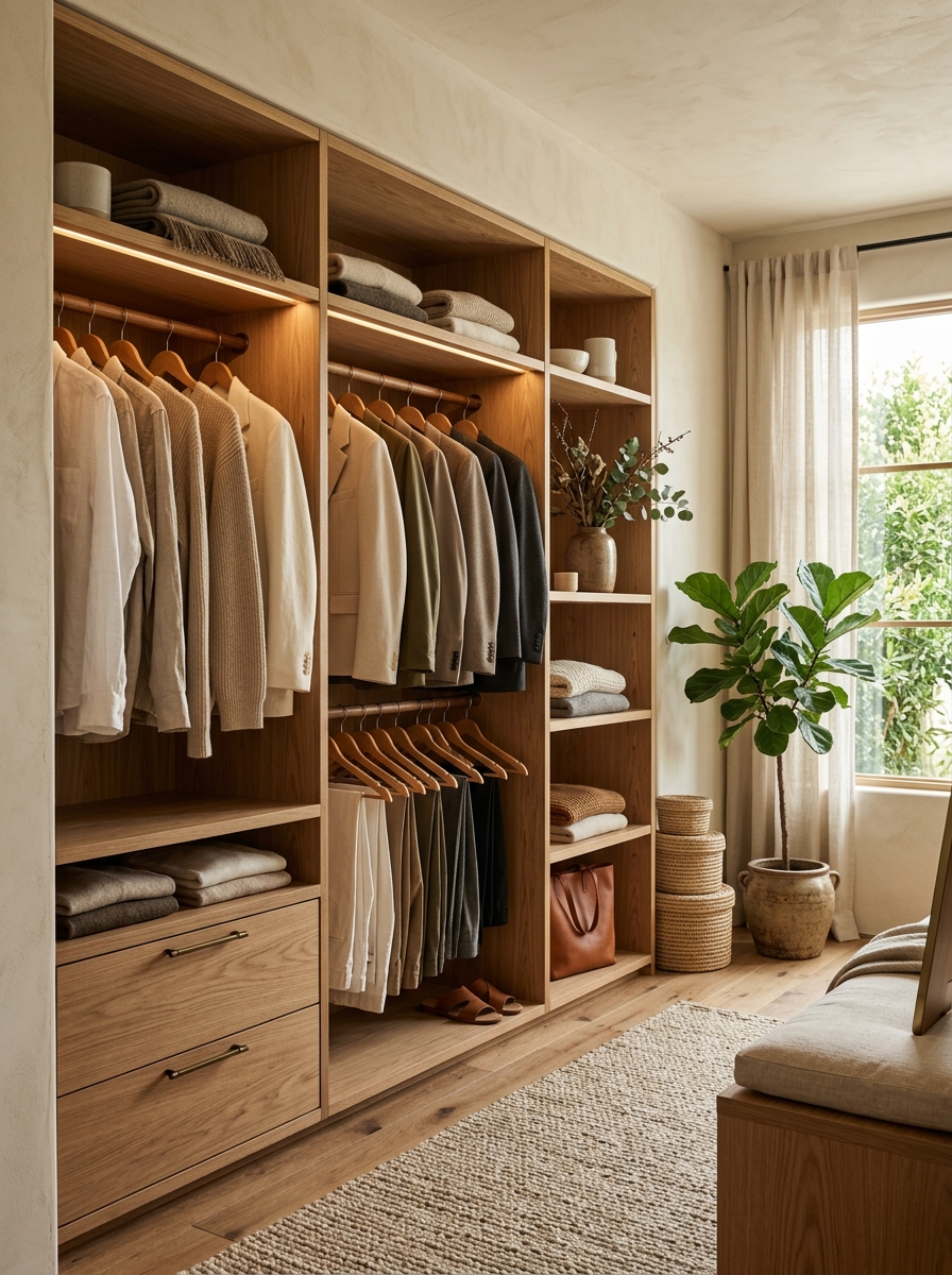 Minimal Wood-Toned Closet With Warm Organic Feel