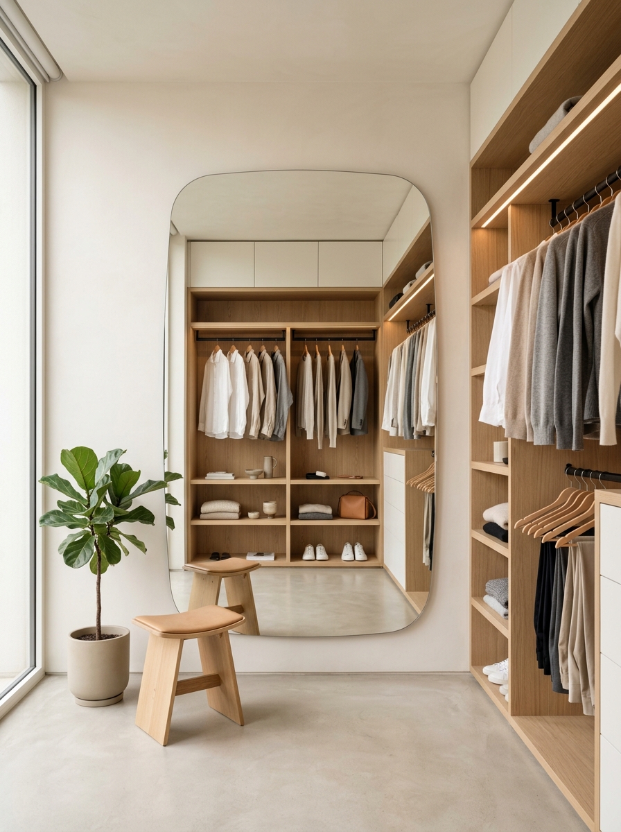 Minimal Open Closet With Statement Mirror Focus