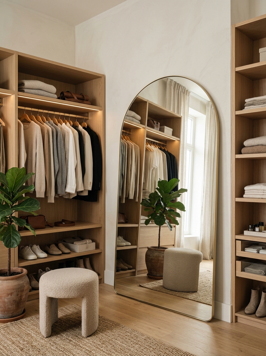 Minimal Open Closet With Statement Mirror Focus