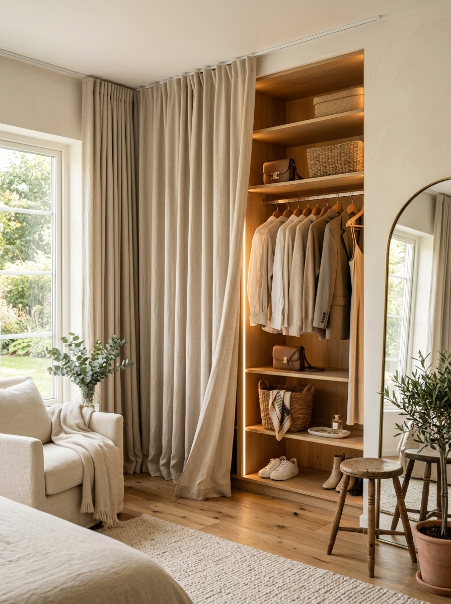 Open Wardrobe with Floor-to-Ceiling Curtains