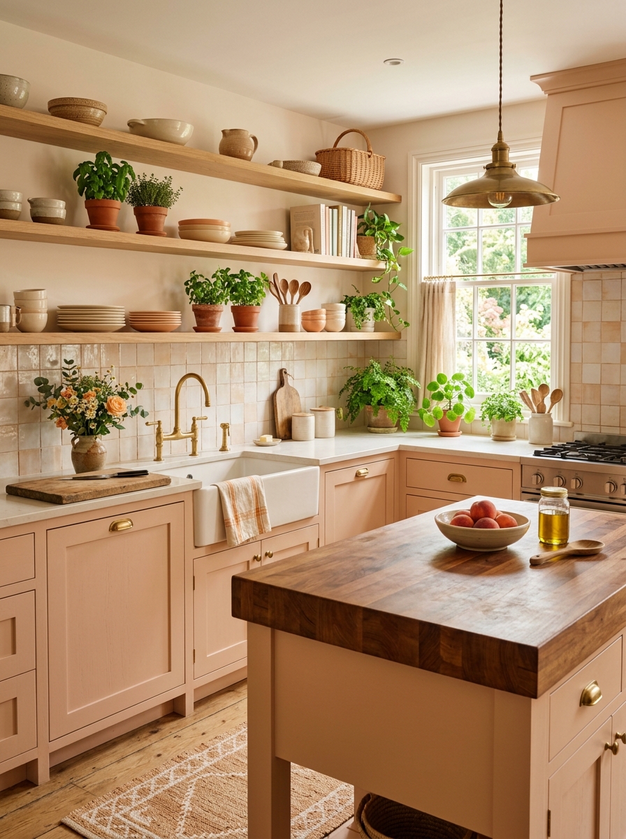 Soft Peach Kitchen with Warm Wooden Touches