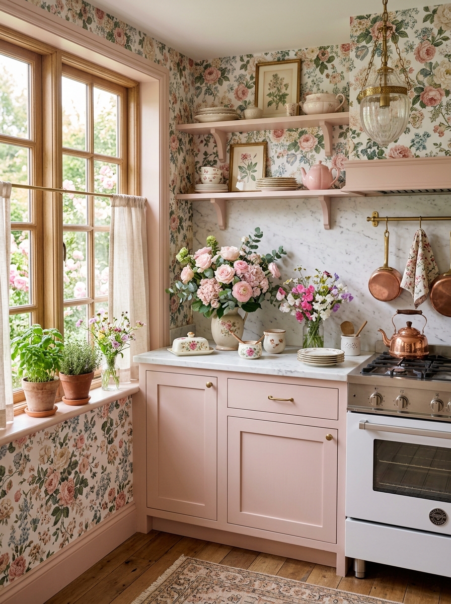 Pink Kitchen with Floral Accents