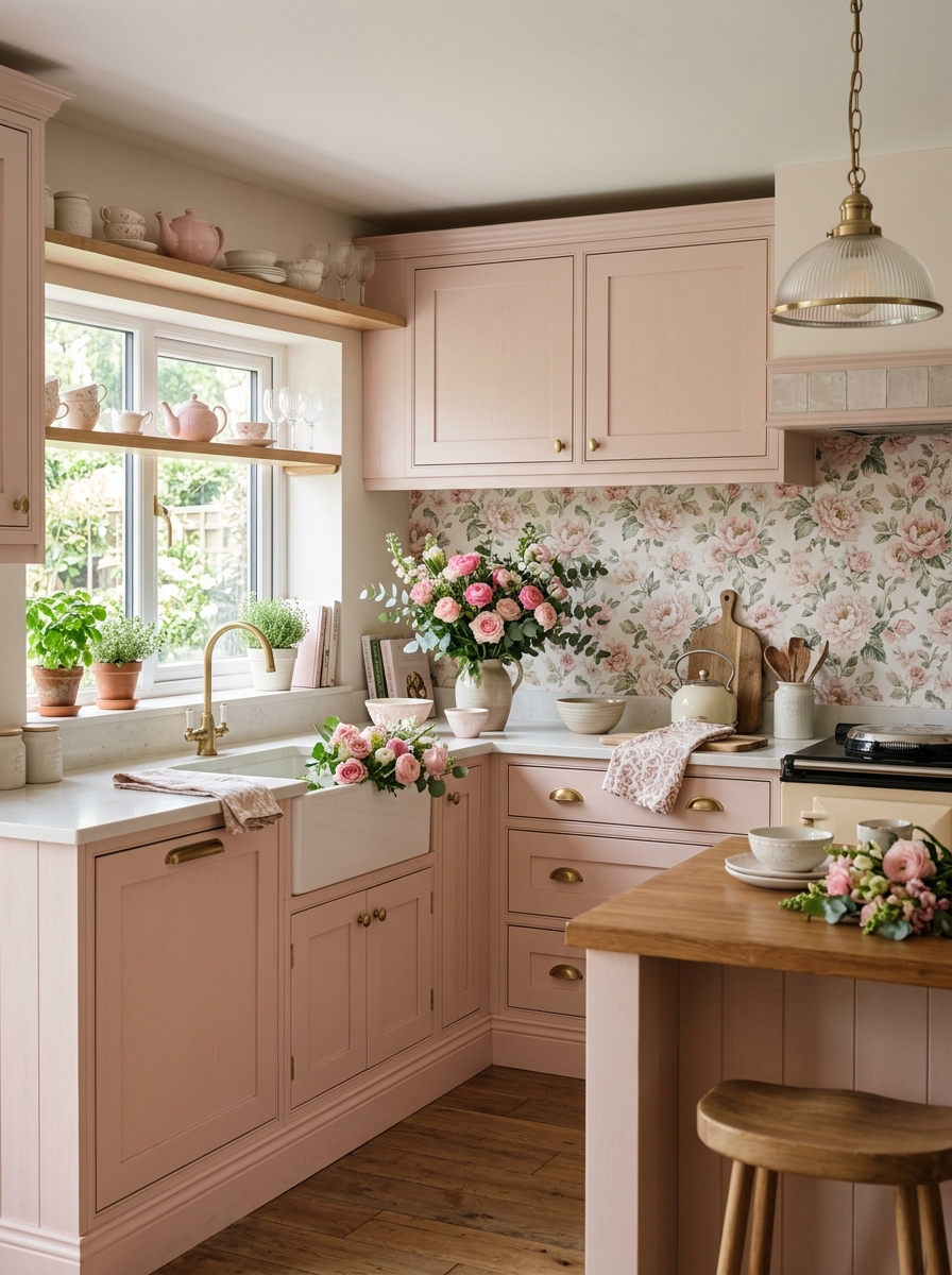 Pink Kitchen with Floral Accents