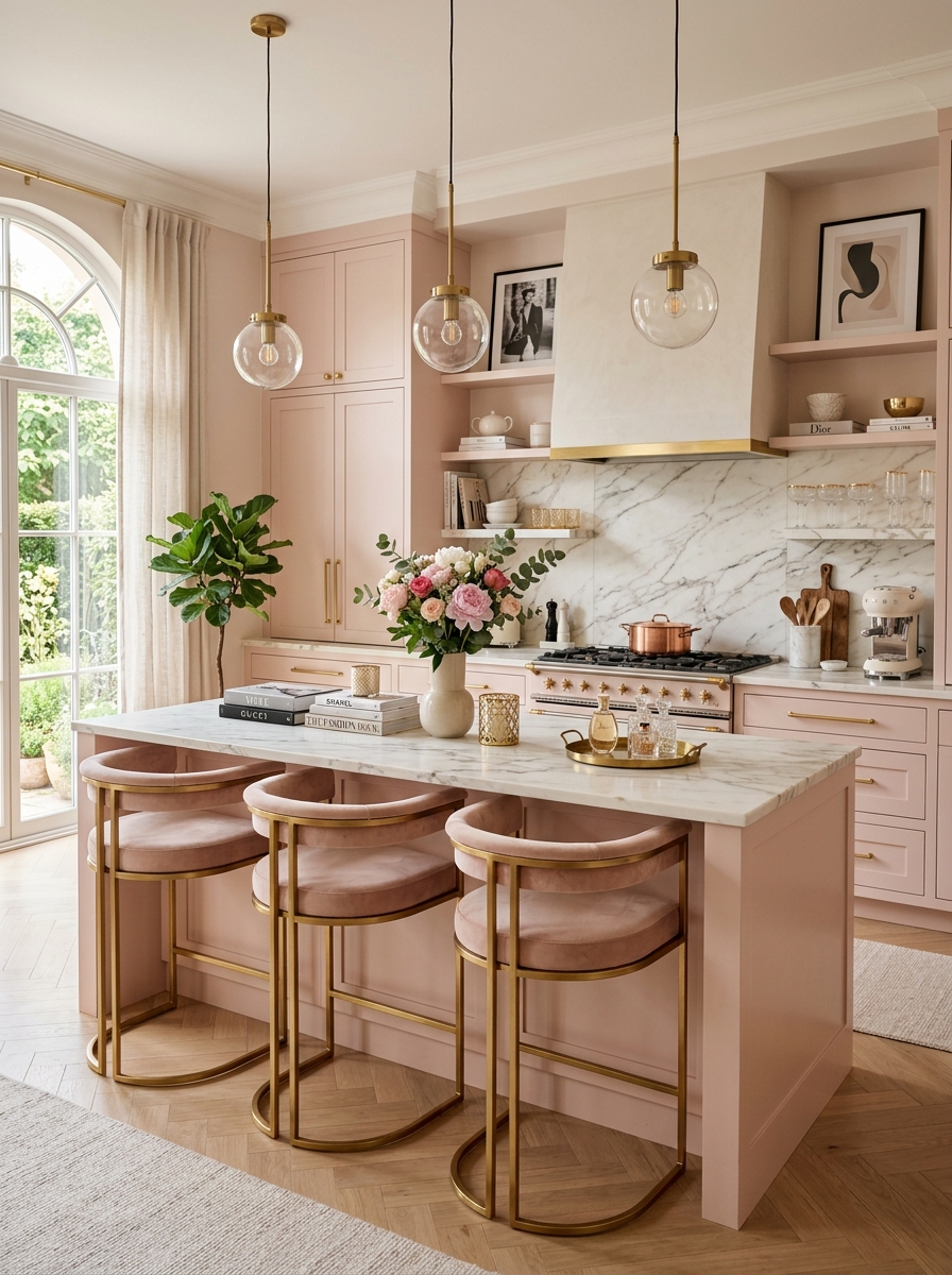 Chic Pink Kitchen with Fashion-Inspired Décor