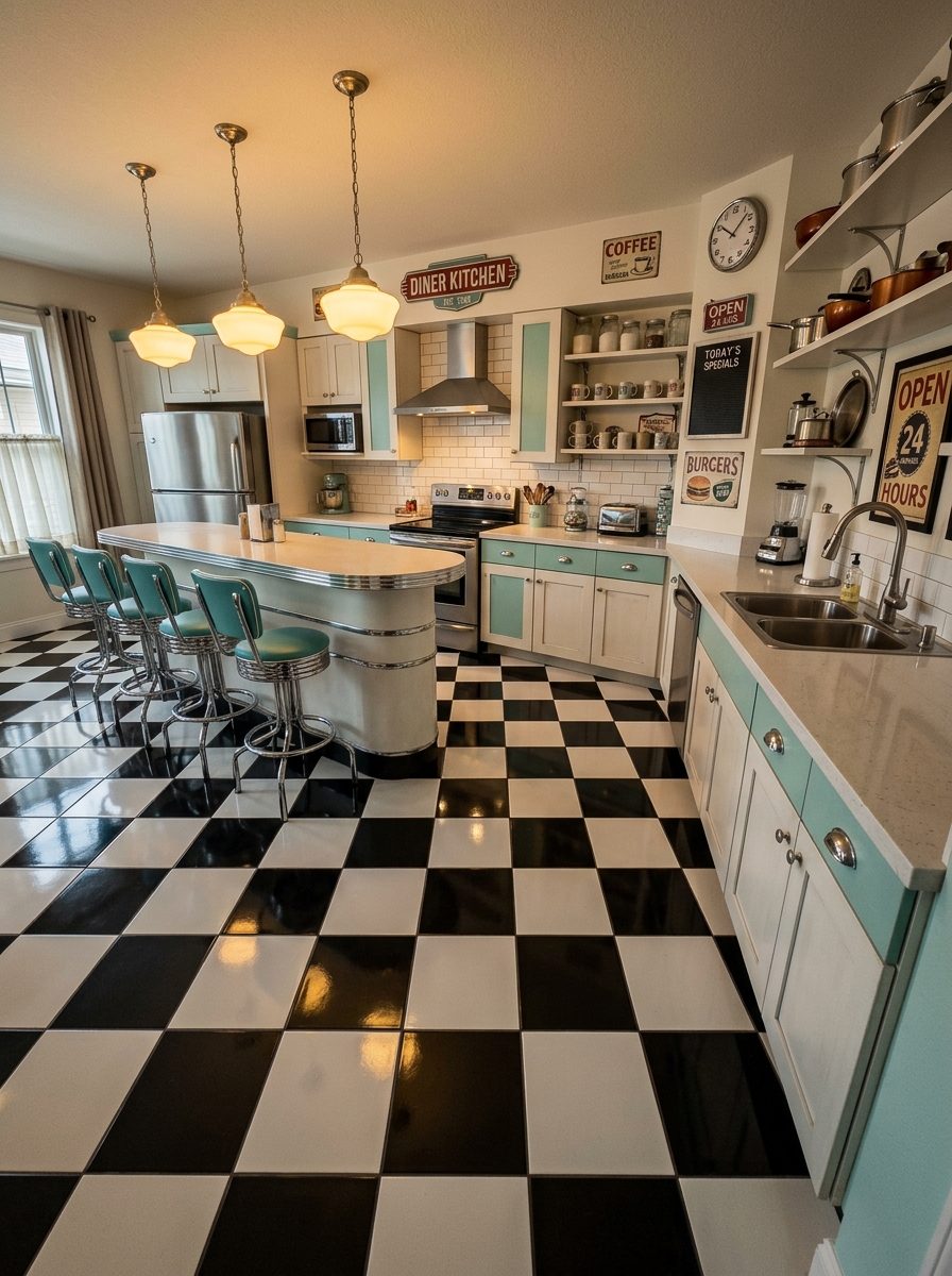 Checkerboard Floor Classic Diner Kitchen