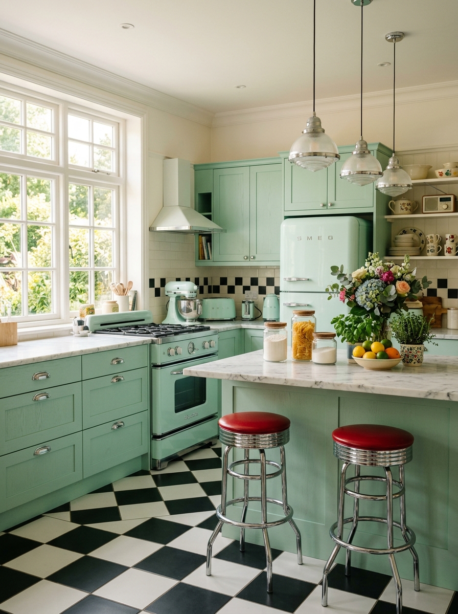 Mint Green Retro Kitchen with Chrome Accents