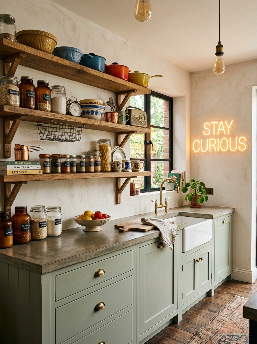 Retro Kitchen with Neon Sign and Open Shelving