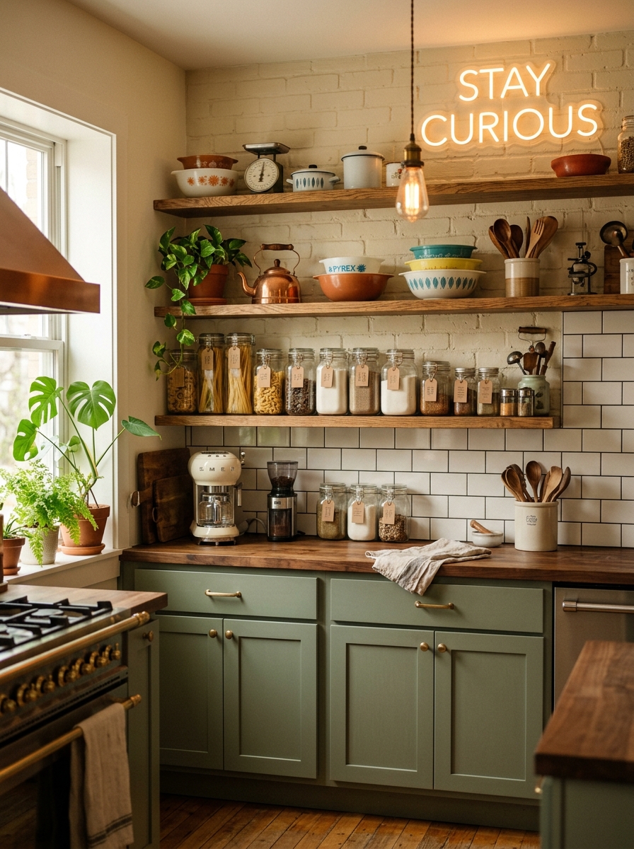Retro Kitchen with Neon Sign and Open Shelving
