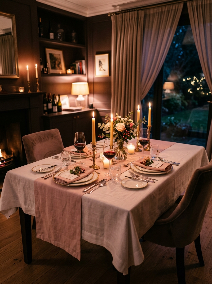 Intimate Evening Dining Setup with Soft Pink Glow