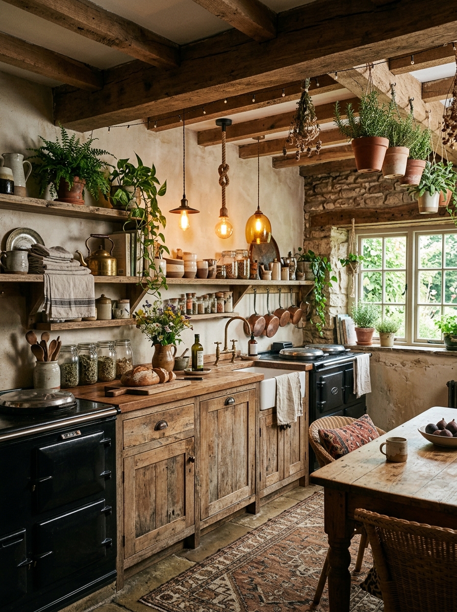 Rustic Boho Kitchen with Exposed Wood and Greenery
