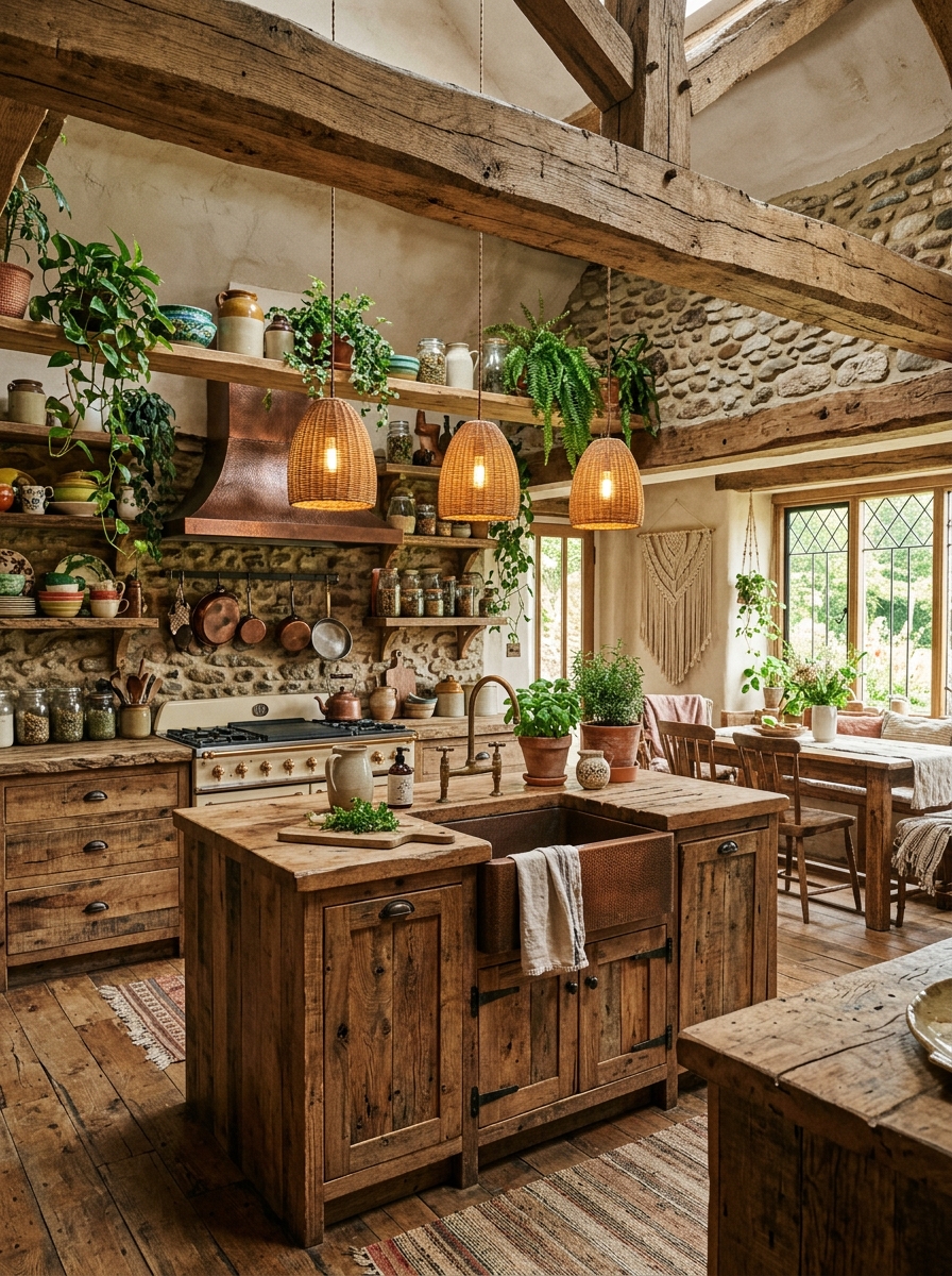 Rustic Boho Kitchen with Exposed Wood and Greenery