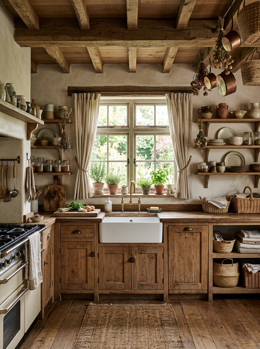 Rustic Boho Kitchen with Exposed Beams & Vintage Charm