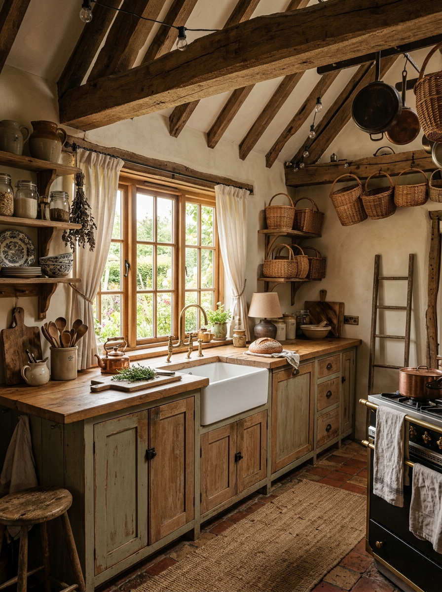 Rustic Boho Kitchen with Exposed Beams & Vintage Charm