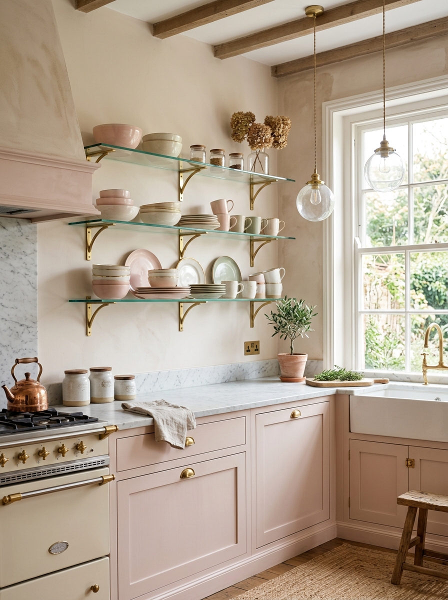 Rustic Chic Kitchen with Glass Open Shelving and Soft Pink Accents