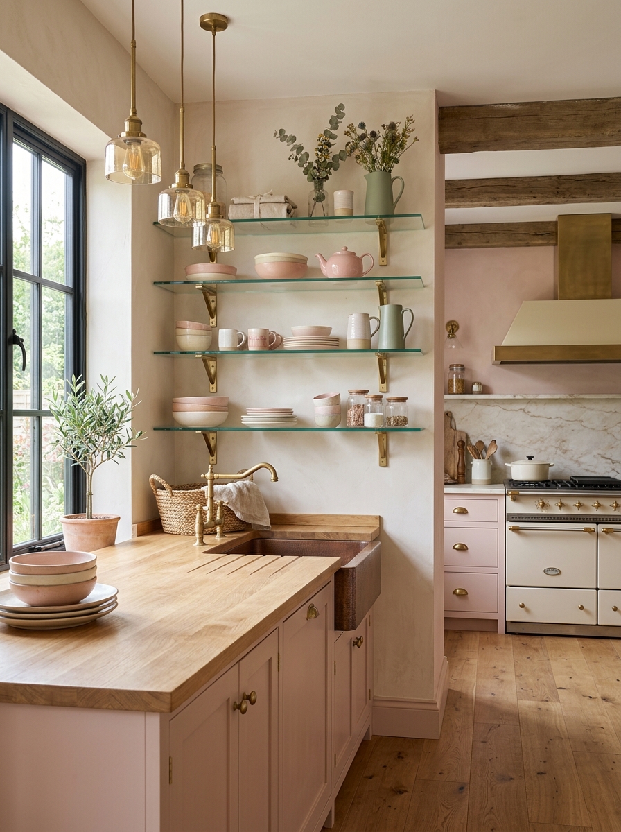 Rustic Chic Kitchen with Glass Open Shelving and Soft Pink Accents