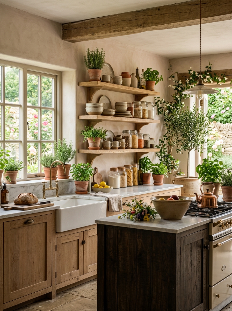 Rustic Elegant Kitchen with Open Shelves and Fresh Greenery