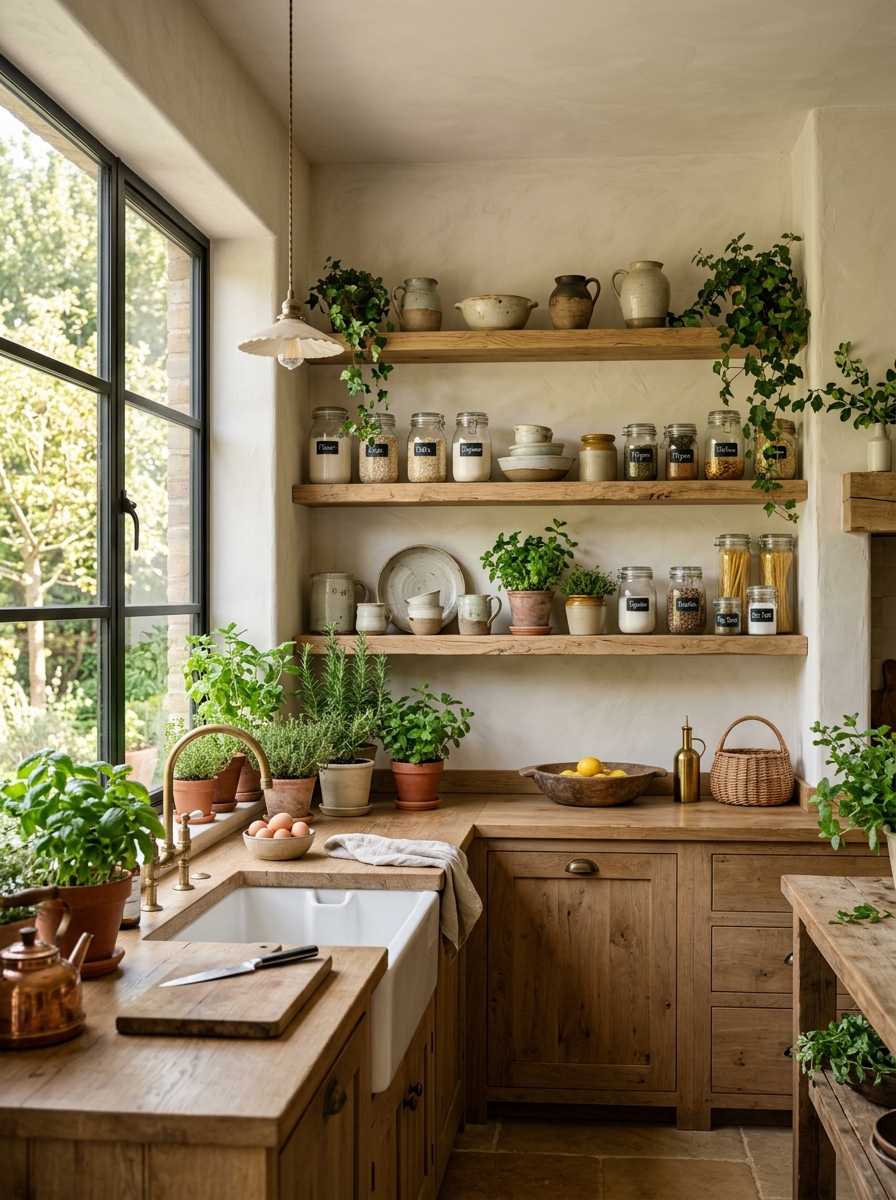 Rustic Elegant Kitchen with Open Shelves and Fresh Greenery