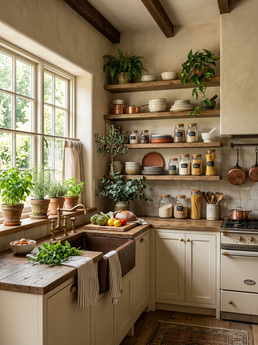 Rustic Elegant Kitchen with Open Shelves and Fresh Greenery