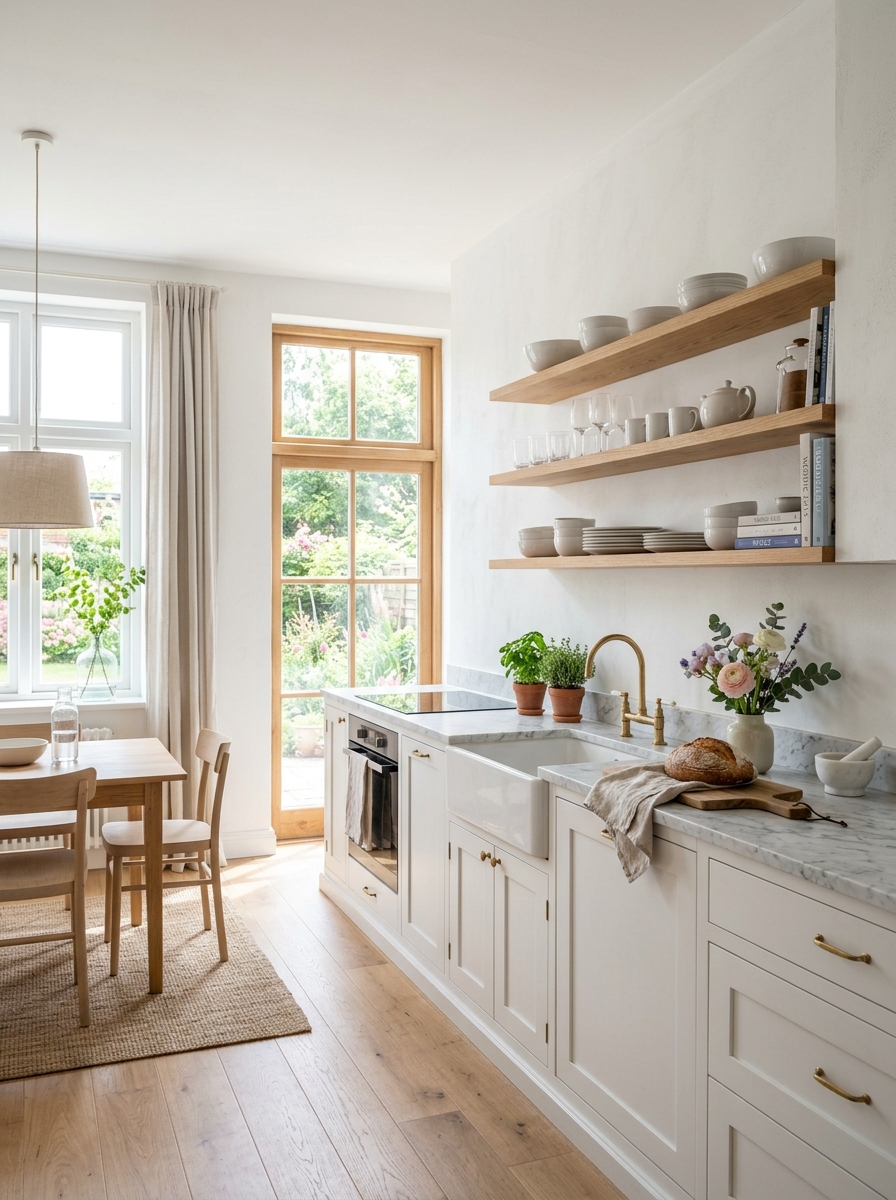 Bright Airy Rustic Kitchen with White and Wood Contrast
