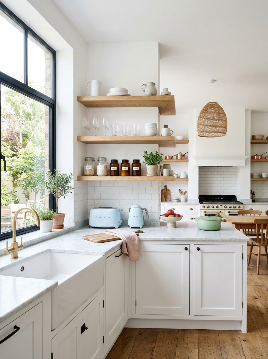 Bright Airy Rustic Kitchen with White and Wood Contrast