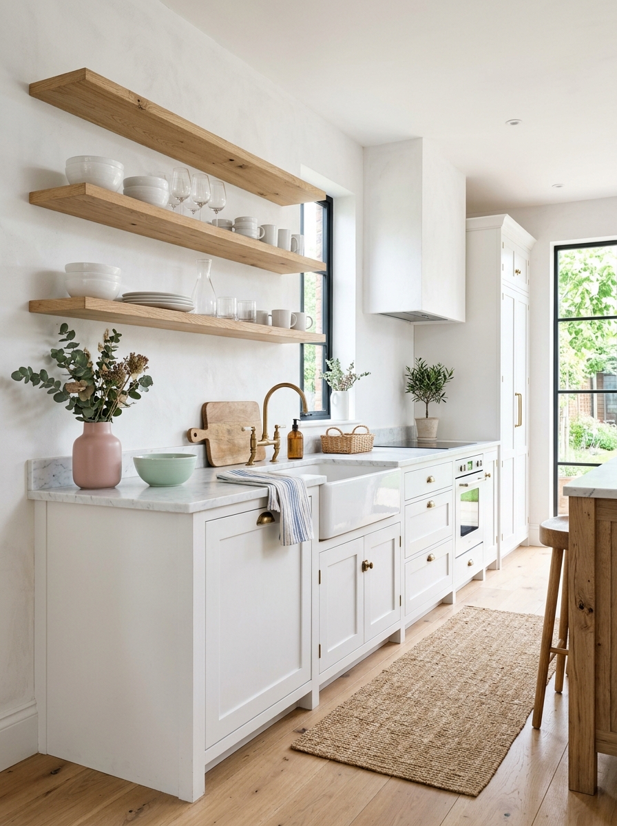 Bright Airy Rustic Kitchen with White and Wood Contrast